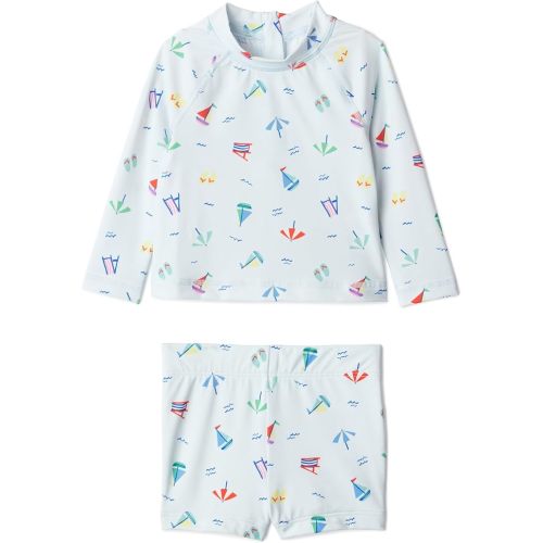 Amazon Essentials Unisex Babies x Sofia Grainge Baby Boys and Toddlers Long Sleeve Rashguard and Shorts Set, Pale Blue Beach, 12 Months