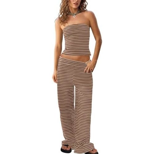 Tankaneo Womens Striped 2 Piece Sets Summer Strapless Crop Tube Tops Wide Leg Pants Matching Lounge Set Vacation Outfits