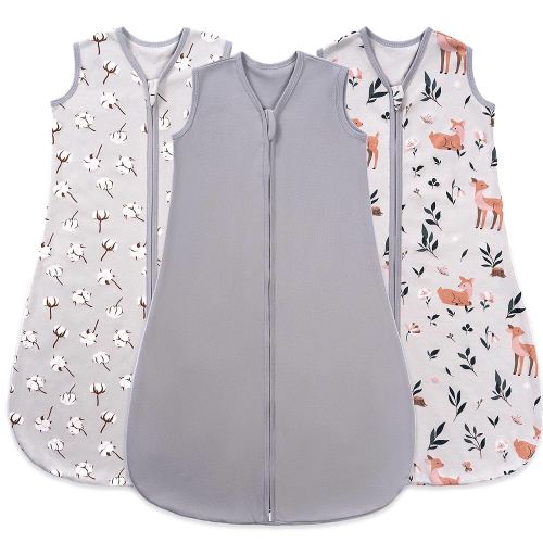 Baby Sleep Sack 0-6 Months, 100% Organic Cotton Wearable Blanket for Babies, 2-Way Zipper TOG 0.5 Lightweight Breathable Baby Sleeping Bag, 4 Sizes-S Cotton&Fawn&Grey