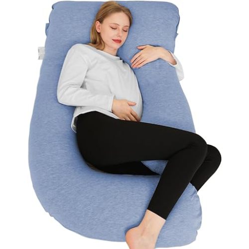 Chilling Home Pregnancy Pillow, U Shaped Pregnancy Pillows for Sleeping Full Body Pillow Maternity Pillow for Pregnant Women 58 inch, Pregnant Women Must Have with Removable Cover, Blue-Jersey
