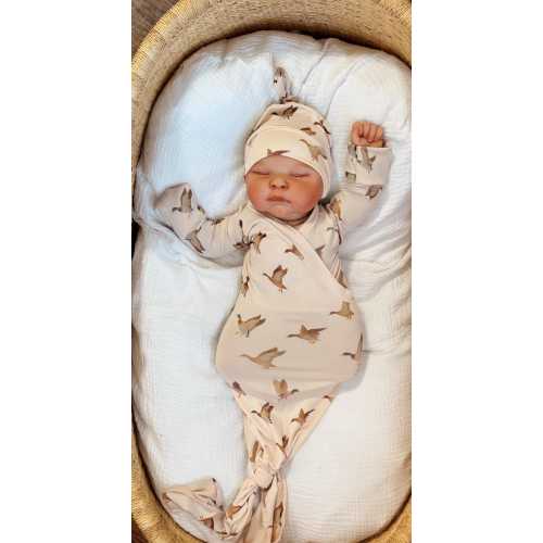 Mallard Duck Print Knotted Baby Gown: Neutral Newborn Outfit