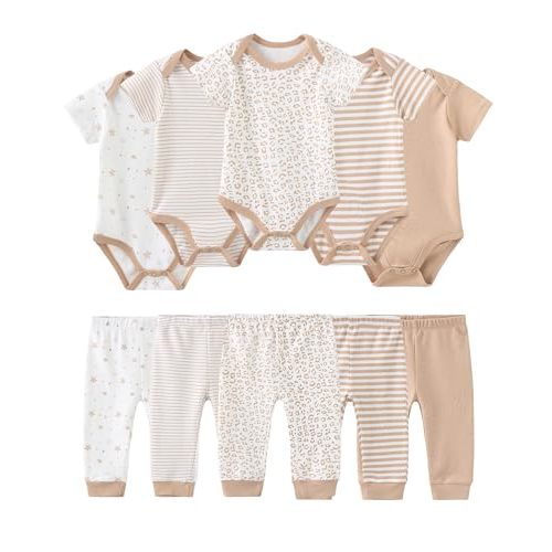 Baby Bodysuit and Pant Set Cotton Ribbed Mix Infant Girl Clothes | Unisex newborn summer outfits 10-pcs,neutral and sweet style mixed bundle gift clothing set