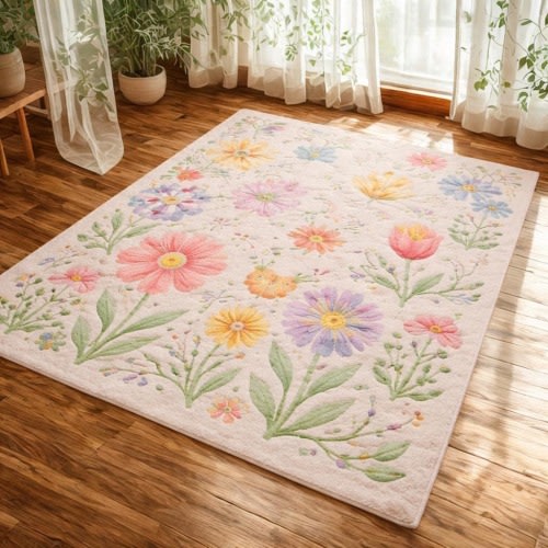 Hand Tufted Pastel Floral Wool Rug, Botanical Cottagecore Nursery Carpet