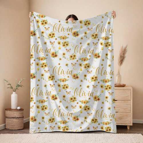Personalized Sunflower Blanket | Custom Baby Name Blanket | Repeating Name Butterfly Throw | Girl Baby Shower Gift | Boho Floral Decor