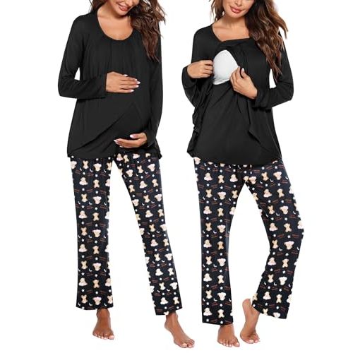 Ekouaer Maternity Nursing Pajama Set Long Sleeve Top & Pants with Pockets Breastfeeding Sleepwear Double Layer Pregnancy