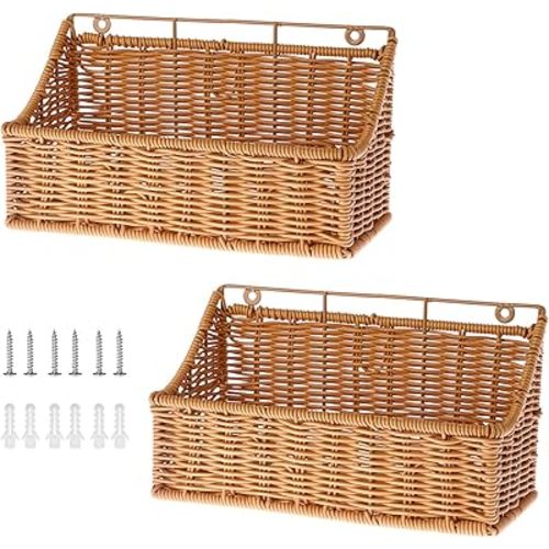 OwnMy 2PCS Plastic Wicker Hanging Basket Wall Mount Storage Baskets for Kitchen Organizing Fruit, Onion, Potato, Vegetable, Hanging Fruit Baskets for Kitchen Counter/Pantry/Cabinet