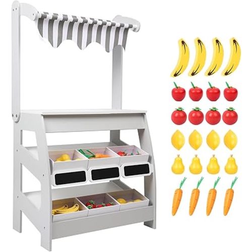 Wooden Market Stand Toy, Pretend Play Grocery Store Playset for Toddler, Fruit Vegetable Stand Selling Stall Shop with 24 PCS Food Accessories for Kids 3+