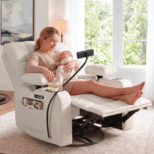 LAZZO Power Recliner Chair with Adjustable Armrest and Headrest, Upholstered Swivel Rocking Chair for Nursery & Living Room, Beige