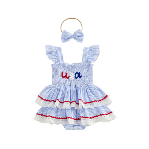 Newborn Baby Girl 4th of July Outfit Letter Flag Pattern Lace Trim Striped Layered Fly Sleeve Romper Dress Headband Set Infant Summer Clothes