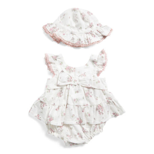 Newborn Girls 2pc Hat And Floral Flutter Sleeve Bubble Bodysuit Set | Baby | Marshalls