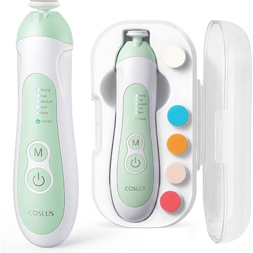 COSLUS C52 Baby Electric Nail File Trimmer, CPC Certified and Quiet Design | Cordless Baby Nail Clipper with 5 Speeds & 6 Grinding Heads for Newborn Infant Toddler, LED Light, Safe Sleep Buffer, Green
