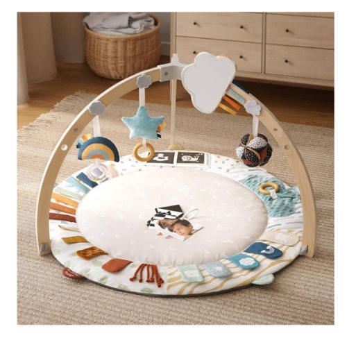 Blissful Diary Baby Play Gym & Activity Mat, 5 Developmental Zones Wooden Tummy Time Mat with 5 Detachable Sensory Toys for Motor Skills & Sensory Development, Baby Essentials Shower Gift
