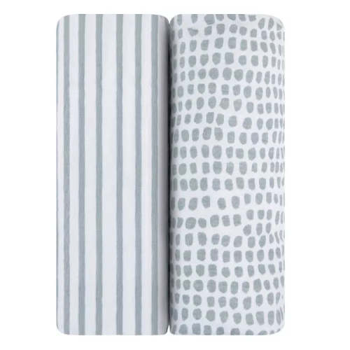 ELY`S & CO. WATERPROOF BASSINET SHEET SET 100% JERSEY COTTON 2 PACK -  STRIPES AND SPLASH PINK