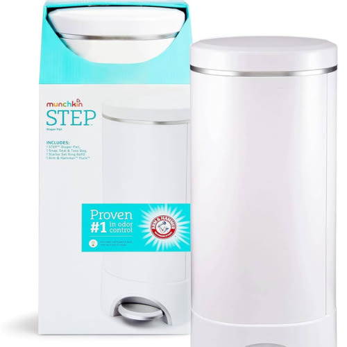 Munchkin® STEP™ Diaper Pail Powered by Arm & Hammer, #1 in Odor Control, Award-Winning, Includes 1 Snap, Seal & Toss™ Bag, 1 Starter Refill Ring, and 1 PUCK™ Baking Soda Cartridge