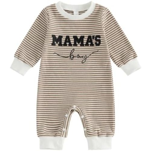 Newborn Baby Boy Fall Clothes Mamas Boy Letter Embroidery Long Sleeve Romper Waffle Stripe Winter Jumpsuit Oneise