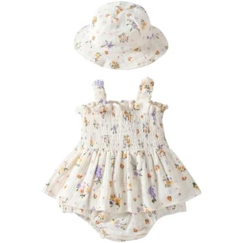 Infant Baby Girl Clothes Floral Smocked Romper Dress Cute Bodysuit Dress with Hat Summer Baby Girl Outfit