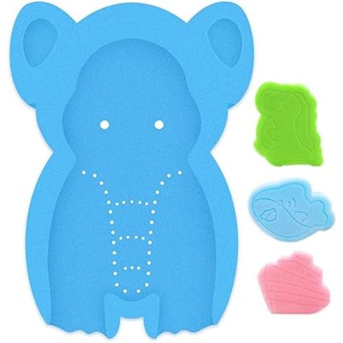 Soft Infant Bath Sponge Elephant Baby Bath Mat Newborn Comfy Foam Skid-Proof Cushion (Blue 1Set)