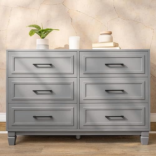 Farmhouse Dresser for Bedroom, 6 Drawer Dresser with Unique Solid Wood Legs, Modern Wide Chest Dressers for Clothes, Closet, Living Room, Grey