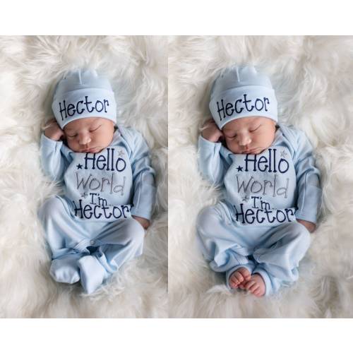 Baby Boy Coming Home Outfit Baby Boy Clothes Baby Boy Gift Personalized Baby Boy Outfit Hello World Outfit Baby Boy Convertible Sleeper