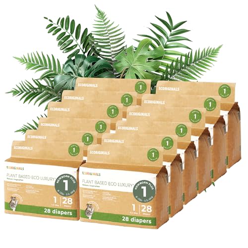 Ecoriginals - 336 Eco Baby Diapers - Newborn Diapers, 100% Plant-Based Layers, Disposable - Baby Essentials, Hypoallergenic - Size 1 (<13lb), 12 Pack
