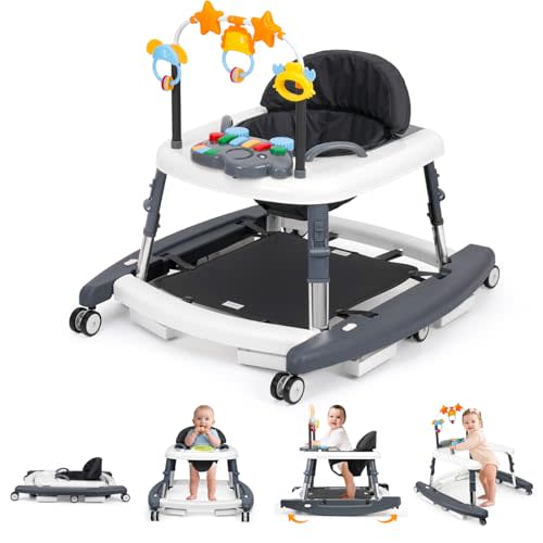 Wolfcode 5-in-1 Music and Lights Baby Walker Foldable with 5 Adjustable Heights, Baby Walker with Wheels and Bouncer Combo Portable, Infant Toddler Walker for Baby Boy Girls 6-18 Months