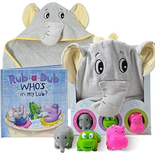 Tickle & Main Baby Bath Gift Set - 5-Piece Set, Yellow, 30 x 30 in, 100% Cotton, Ages 6-24 Months - Elephant Hooded Towel & Jungle Safari Toys with Elephant Bath Book