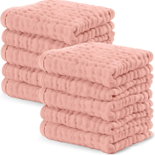 Comfy Cubs Muslin Baby Washcloths 10 Pack - Soft 6-Layer Cotton Wash Cloths for Sensitive Skin - 10"x10" Large, Gentle, Absorbent Infant Essentials for Newborn and Toddlers - Bold Blush