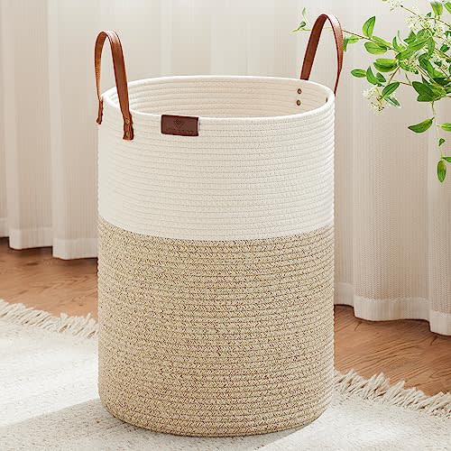 VIPOSCO 100L Tall Woven Rope Laundry Hamper, Leather Handles, White & Brown | Large Wicker Laundry Basket for Dirty Clothes, Blanket, Toy, Towel, Yoga Mat, Storage Bin in Bedroom, Bathroom, Living Room