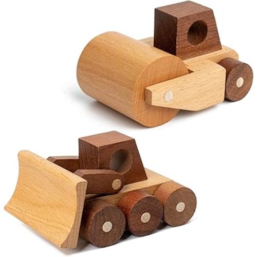 Wooden Toy Cars for 3 Year Old Boys & Girls - Construction Vehicles Set Push Toys for Toddlers, Wood Montessori Car with Rolling Wheels, Natural Wood Toys (Bulldozer & Road Roller)