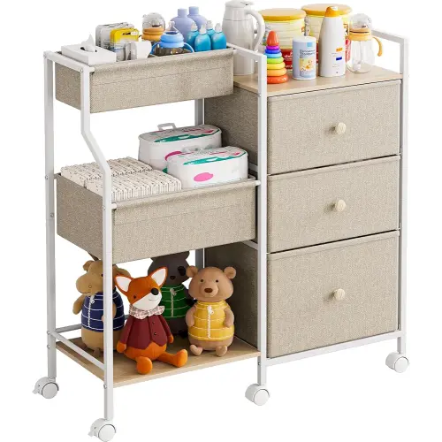 Baby Organizer and Storage - 3 Tier Rolling Cart with Dividers and Drawers, Easy To Assemble, Mobile Utility Cart with Wheels for Nursery, Bedroom, Changing Table & Crib,Off White