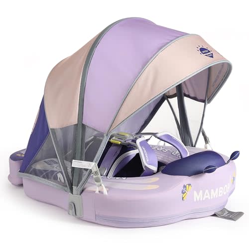 Mambobaby Baby Float with Canopy & Add Tail – Non-Inflatable Swim Trainer for Infant Waist, Upgraded Adjustable Safety Strap, Portable Pool Floats Toy for Toddler (Purple Butterfly)