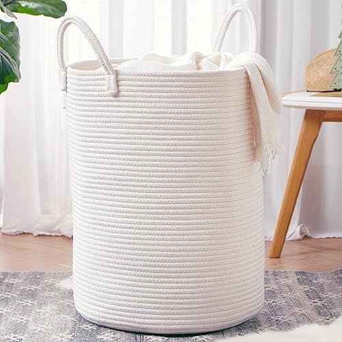 80L White Woven Hamper Laundry Basket Cotton Rope Blanket Basket for Living Room 22 inches Tall Clothes Hamper for Baby Nursery Kids in Bedroom Extra Large