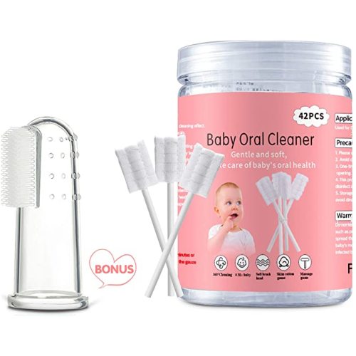Baby Tongue Cleaner, Baby Toothbrush, 42Pcs Disposable Infant Toothbrush Clean Baby Mouth,Gauze Gum Cleaner Toothbrush Baby Oral Cleaning Stick Dental Care for 0-36 Month Baby+Free 1 Finger Toothbrush