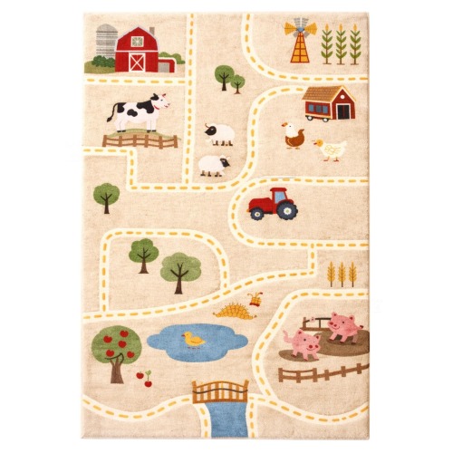 Hand Tufted Farm Theme Kids Rug, Nursery Playroom Area Rug, Tractor Cow Pig Sheep Design, Wool Custom Size Baby Room Carpet