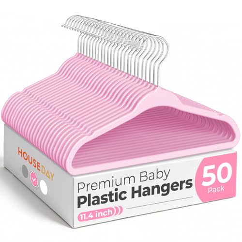 HOUSE DAY Pink Baby Hangers 50 Pack, 11.4 Inch Slim Plastic Kids Hangers | Space Saving Thin Profile, Children Closet Organizers with Rotatable Hook of 360°, Heavy Duty for Toddler Clothes Nursery