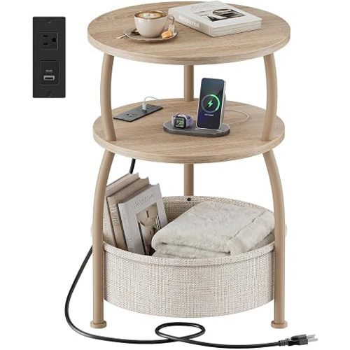 Round Side Table with Charging Station, USB Type C Port, Oak