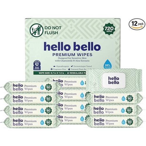 Hello Bello Premium Wipes, Designed for Sensitive Skin with Chamomile & Aloe Extracts, Simply Sage (12 Resealable Packets = 720 Total Wipes)