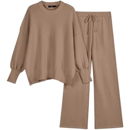 LILLUSORY Women 2 Piece Outfits Sweatsuit Oversized Knit Pullover Sweater Tops Wide Leg Pants Lounge Set