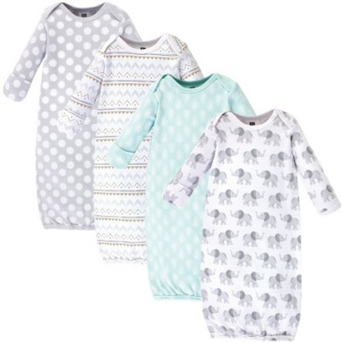 Hudson Baby Infant Cotton Long-Sleeve Gowns 4pk Set, Gray Elephant, 0-6 Months