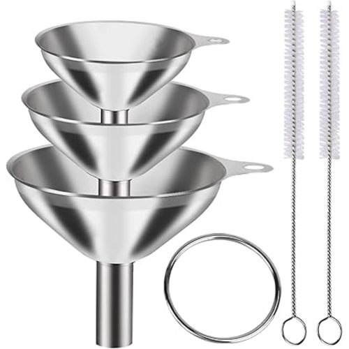 Metal Stainless Steel Funnel, Large Medium Small Funnel Set of 3, Food Grade Mini Funnels for Kitchen Use Filling Bottles Flask Cooking, 2 Brushes YLYL