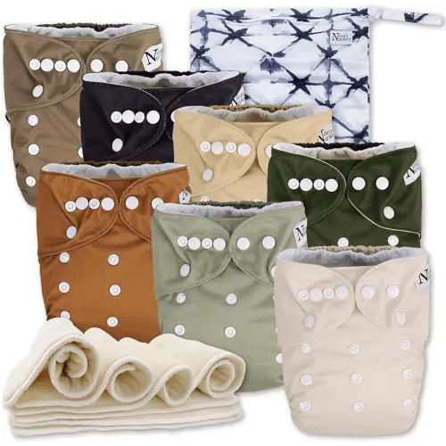 Nora's Nursery Cloth Diapers 7 Pack with 7 Inserts & 1 Wet Bag - Waterproof Cover, Washable, Reusable & One Size Adjustable Pocket Diapers for Newborns and Toddlers - Down to Earth
