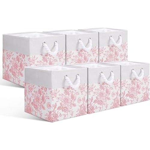 LemonRoad 6 Pcs Pink Floral Cube Storage Bins 11.22 Inch Square Storage Basket with Handle, Preppy Girls Organizer Basket, Collapsible Fabric Box for Classroom Bedrooms Office Home Decoration Gift