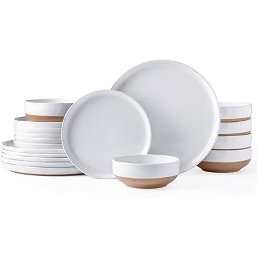 AmorArc Ceramic Dinnerware Sets for 6, 18 Pieces Handpainted Plates and Bowls Set with Rustic Terracotta Underside, Scratch Resistant Stoneware Dishes Set, Dishwasher & Microwave Safe, White