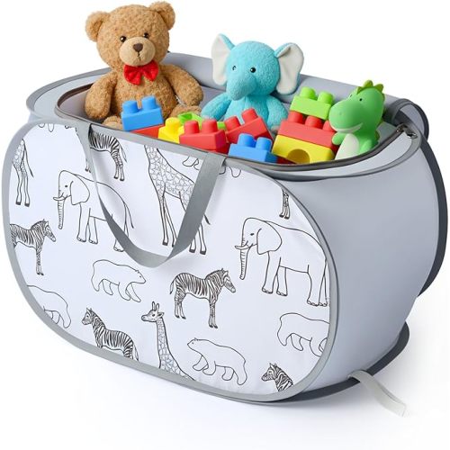 Seefoo Foldable Toy Storage Basket with Zipper Lid & Handles - Collapsible Stuffed Animal Organizer Bin, Space-Saving Lightweight Toy Chest for Baby, Kids, Nursery, Living Room - Animal Print, Gray