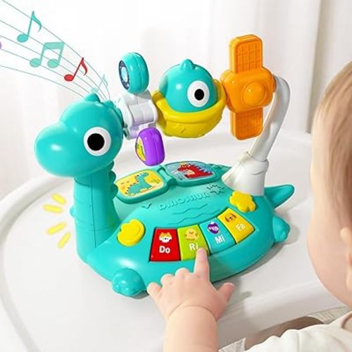 iPlay, iLearn Baby Dinosaur Musical Piano Toy, Infant Tummy Time Music Toy W/ Light Sound, Toddler Sensory Development Learning Activity, Birthday Gift 6 7 8 9 10 12 Month 1 2 3 Year Old Boy Girl Kid