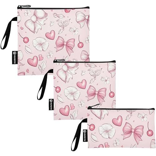 Reusable Sandwich and Snack Bags, Cherry Bow Pink Pattern for Adults or Lunch, Washable Fabric, Waterproof Cloth Zip Bag, Travel Pouch, Food-Safe Storage 3-pk