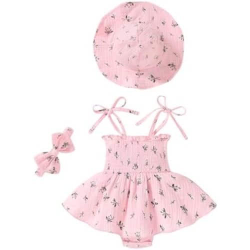 Happy Town Baby Girl Clothes Toddler Summer Sleeveless Romper Dress with Headband and Hat Cute Infant Jumpsuit Outfits