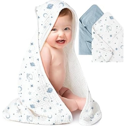 Konssy 2-Pack Muslin Hooded Baby Towels, 100% Cotton, Ultra-Soft & Absorbent Baby Bath Towels with Hood for Newborn & Infant (Blue, Star,32" x 32")