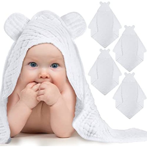 Chumia 4 Pcs Baby Hooded Muslin Cotton Towel 32 x 32 Soft Towels for Newborn, Infant and Toddler, Cute Essentials 6 Layers Washcloths (White)