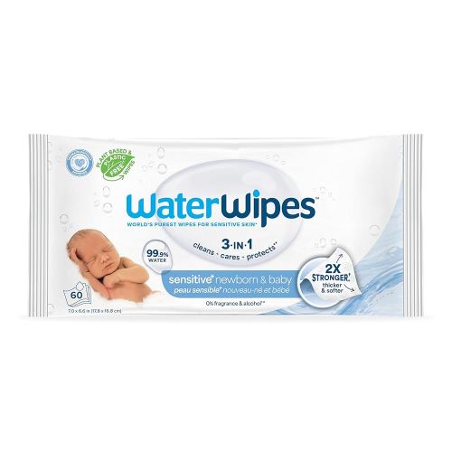 WaterWipes Sensitive+ Newborn & Baby Wipes, 3-In-1 Cleans, Cares, Protects, 99.9% Water, Unscented & Hypoallergenic, 60 Count